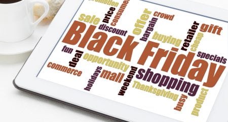 Black Friday word cloud - holiday shopping concept on a digital tablet
